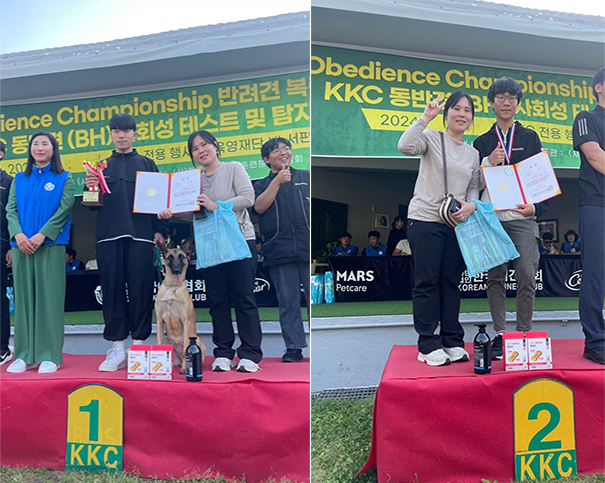 스마트독3 종목 1위에 오른 조재영(왼쪽 사진 왼쪽 두 번째) 학생과 스마트톡2 종목 2위에 입상한 윤인호(오른쪽 사진 오른쪽) 학생. 세연고 제공