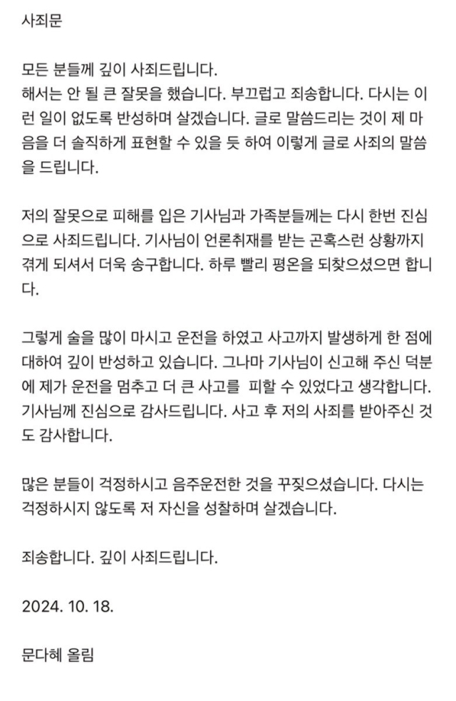 문재인 전 대통령의 딸 다혜 씨 사과문. 연합뉴스