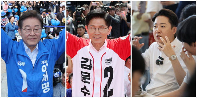 지난 20일 더불어민주당 이재명(사진 왼쪽부터) 대선 후보가 경기 고양 일산문화광장에서 열린 집중유세에서, 국민의힘 김문수 대선 후보가 서울 서초구 고속터미널역 인근 집중유세에서, 개혁신당 이준석 대선 후보가 광주 북구 전남대학교에서 진행된 '학식먹자 이준석' 행사에서 지지를 호소하고 있다. 연합뉴스