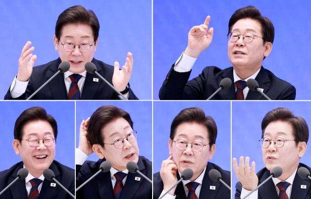 이재명 대통령이 3일 청와대 영빈관에서 ‘대통령의 30일, 언론이 묻고 국민에게 답하다’ 기자회견을 하며 취재진의 질문에 답하고 있다. 연합뉴스