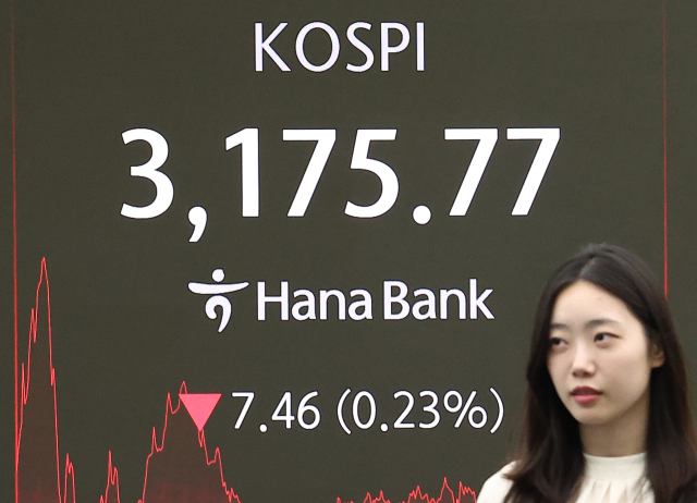 11일 오후 서울 중구 하나은행 본점 딜링룸 현황판에 코스피 지수가 표시돼 있다. 이날 코스피 지수는 전 거래일보다 7.46포인트 내린 3175.77로 마감했다. 연합뉴스