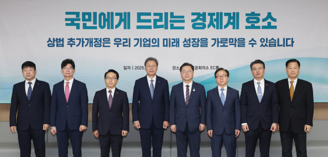경제8단체 부회장들이 지난 7월 24일 서울 중구 대한상의회관에서 '경제위기 극복을 위한 경제계 대국민 호소문'을 발표한 뒤 기념촬영을 하고 있다. 대한상공회의소 제공