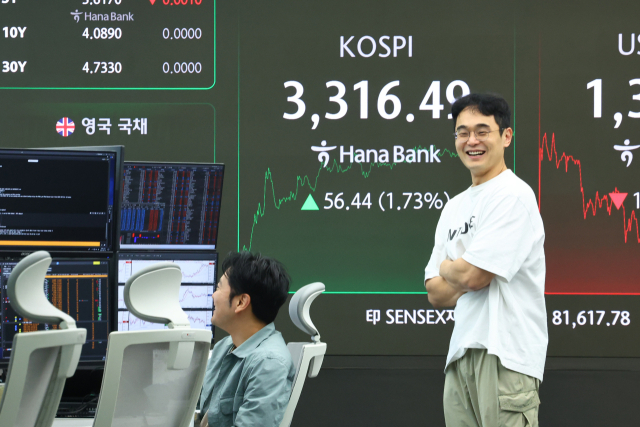 코스피가 장중 사상 최고점 3,316.08(2021년 6월 25일)을 넘어선 10일 서울 중구 하나은행 본점 딜링룸 현황판에 코스피 지수 3,316.49가 표시되고 있다. 연합뉴스