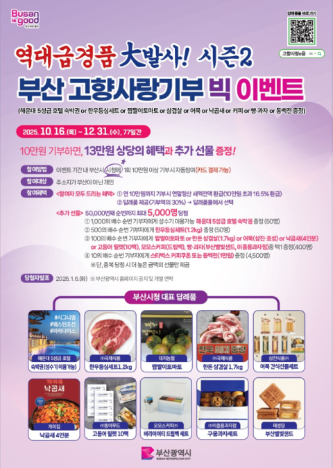 부산시, '고향사랑기부 빅 이벤트' 연말까지 진행
