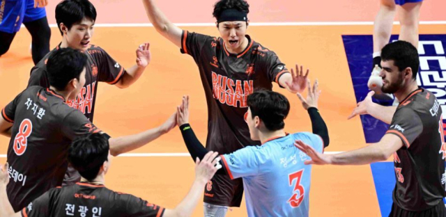 2일 2025-2026 프로배구 V리그 남자부 정규리그 현대캐피탈전에서 3-1 역전승을 거둔 부산 OK저축은행 읏맨 선수들. KOVO 제공