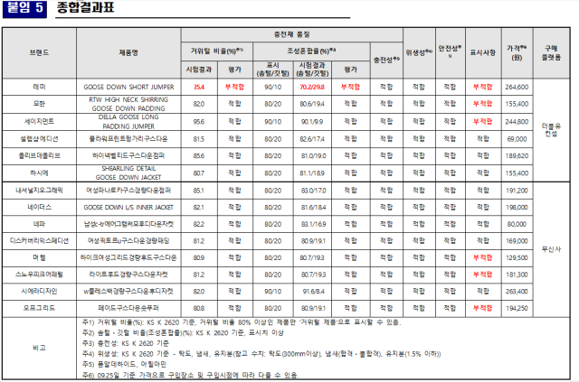 ‘구스(거위) 다운 패딩 품질·안전성 시험’ 종합결과표. 한국소비자원 제공