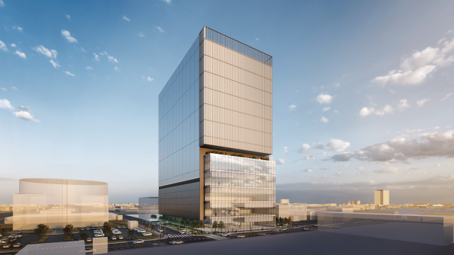 총 7100억 원이 투입돼 오는 2030년까지 부산 강서구 녹산국가산업단지 일대에 들어설 이지스자산운용 신규 AI 데이터센터(지하 1층, 지상 13층) 투시도. 산업단지공단 부산지역본부 제공