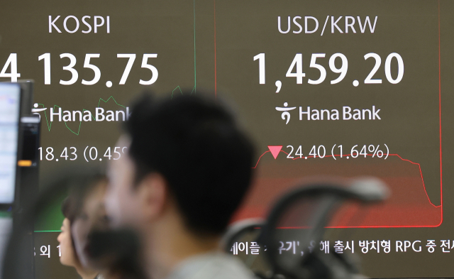 크리스마스이브인 24일 오전 서울 중구 하나은행 본점 딜링룸 현황판에 원/달러 환율이 표시돼 있다. 이날 환율은 전날보다 1.3원 오른 1,484.9원으로 출발했으나 외환당국의 구두개입에 1,460원대 중반까지 급락했다. 연합뉴스