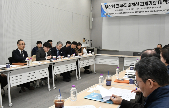 김명진(왼쪽 테이블 맨왼쪽) 해양수산부 해양정책관이 19일 오후 부산항 국제여객터미널에서 ‘부산항 크루즈 승하선 관계기관 대책회의’에서 발언하고 있다. 해수부 제공