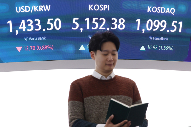 28일 서울 중구 하나은행 딜링룸 현황판에 코스피지수와 코스닥지수가 표시되고 있다. 코스피지수는 전장보다 60.54포인트(1.19%) 오른 5,145.39에, 코스닥지수는 10.88포인트(1.00%) 오른 1,093.47에 개장했다. 연합뉴스