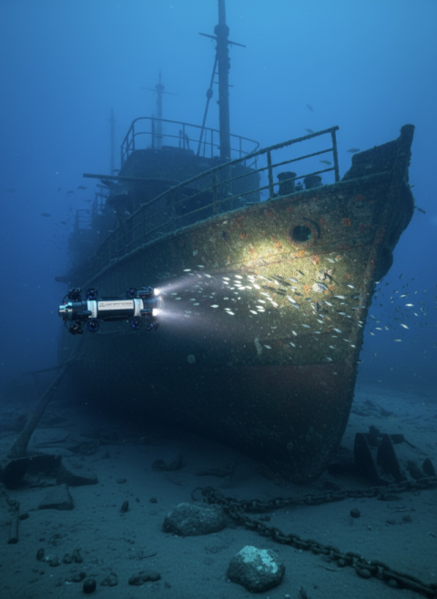 수중드론이 침몰선박의 인양방법을 확인하고 있는 모습.