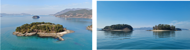 2월 이달의 무인도서로 선정된 대마도(큰말섬). 왼쪽은 상공에서 내려다 본 대마도(드론 촬영), 오른쪽은 배에서 바라본 대마도(왼쪽)와 소마도(오른쪽). 해수부 제공