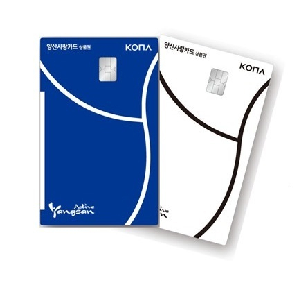 23일부터 모바일 간편 결제 서비스인 카카오페이와 연동되는 양산사랑카드. 김태권 기자