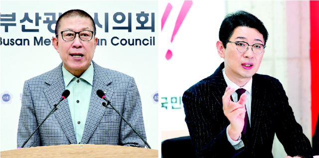 지난 8일 박형준(왼쪽) 부산시장이 부산시의회에서 기자회견을 열고 보수 대통합을 호소했다. 주진우 의원은 보수의 적자는 자신이라며 박 시장의 통합론에 맞섰다. 부산시의회 제공·이재찬 기자 chan@