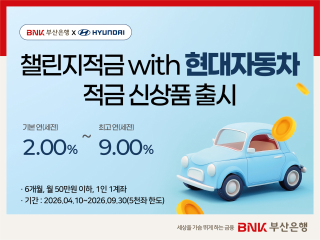 BNK부산은행은 현대자동차와 제휴해 최고 연 9% 금리를 제공하는 ‘챌린지 적금 위드(with) 현대자동차’를 5000좌 한도로 출시했다. BNK부산은행 제공