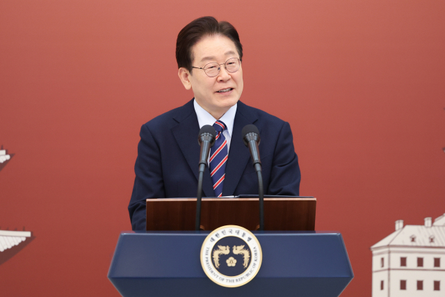 이재명 대통령이 13일 청와대에서 열린 도날트 투스크 폴란드 총리 공식 방한 환영 오찬에서 환영사를 하고 있다. 연합뉴스