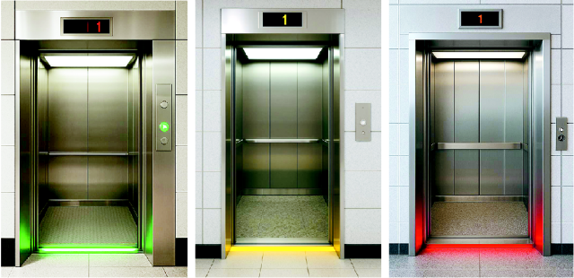 부산시가 승강기 출입문 안전 신호등 설치 시범사업을 본격 추진한다. 왼쪽부터 초록, 노랑, 빨강색 LED 조명이 들어온 승강기 이미지. 부산시 제공