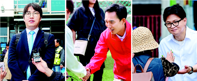 하정우 전 청와대 AI미래기획수석의 등판으로 부산 북갑 보궐선거는 박민식 전 국가보훈부 장관과 한동훈 전 국민의힘 대표가 맞서는 3파전 구도로 재편됐다(왼쪽부터).시장선거와 맞물려 부산은 6·3 지방선거 최대 격전지이자 차기 대권 구도를 가늠할 핵심 승부처로 떠올랐다. 김종진 기자 kjj1761@