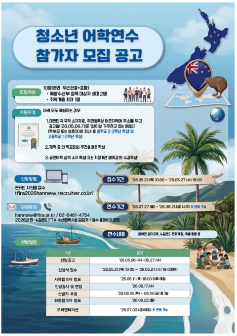청소년·대학생 대상 뉴질랜드 연수생 모집. 한국수산자원공단 제공