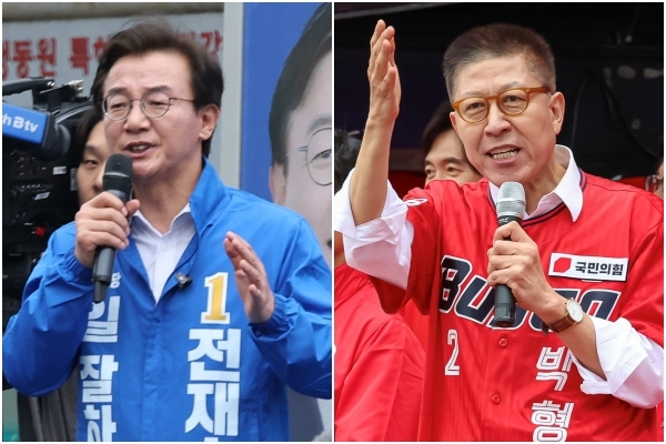 6·3 지방선거 공식 선거운동이 시작된 21일, 더불어민주당 전재수 부산시장 후보가 이날 오후 3시 부산진구 부전역 앞에서 출정식을 열고 지지를 호소하고 있다.(왼쪽) 국민의힘 박형준 후보 역시 이날 오후 동구 부산역 광장에서 부산 합동 출정식을 열고 필승 결의를 다졌다. 정종회·김종진 기자 jjh@