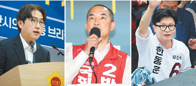 6·3 부산 북갑 보궐선거에 뛰어든 하정우(왼쪽) 더불어민주당 후보, 박민식(가운데) 국민의힘 후보, 한동훈(오른쪽) 무소속 후보. 정대현·이재찬 기자 jhyun@·연합뉴스