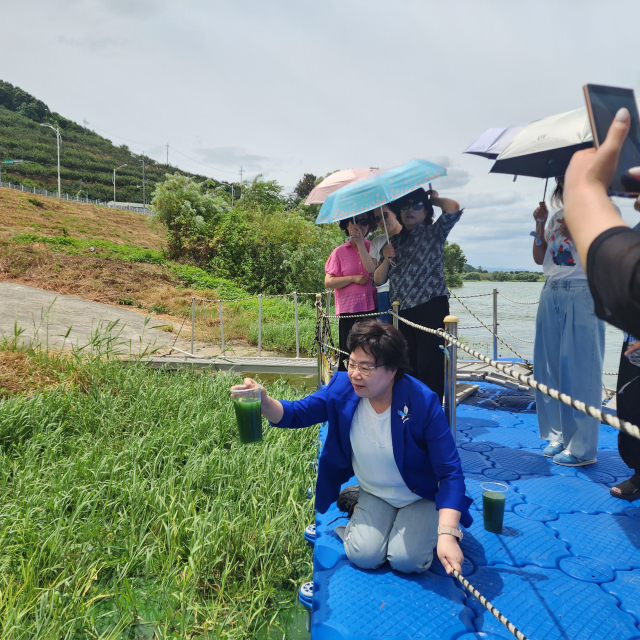10일 낙동강 창녕함안보 인근에서 시민단체가 녹조 현황을 살펴보고 있다. 부산맑은물범시민대책위원회 제공