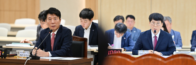 지난 6일 부산시의회 인사청문회에 출석한 부산교통공사 사장 김태호(왼쪽) 후보자와 부산시설공단 이사장 김명수 후보자. 부산시의회 제공